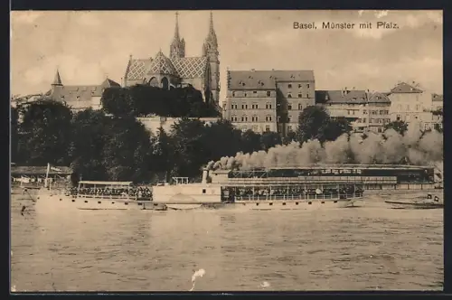 AK Basel, Münster mit Pfalz, Dampfer auf dem Rhein