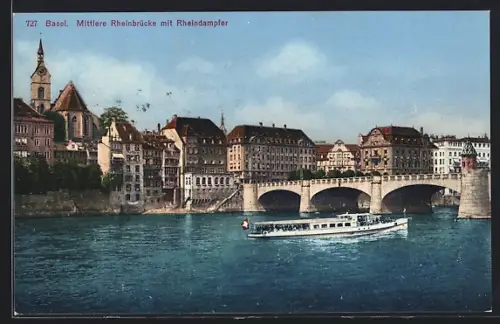 AK Basel, Mittlere Rheinbrücke mit Rheindampfer