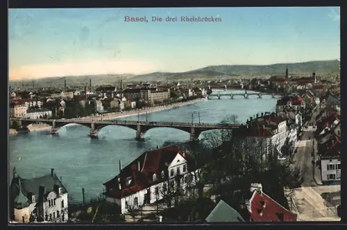 AK Basel, Drei Rheinbrücken aus der Vogelschau