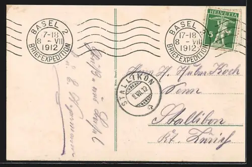 AK Basel, Drei Rheinbrücken aus der Vogelschau