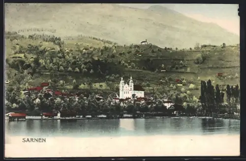 AK Sarnen, Panoramablick vom Wasser aus gesehen