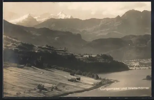 AK Lungern, Ortsansicht mit Lungernsee und Wetterhörner