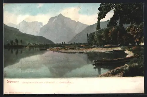 AK Weesen, Seepromenade mit Rautispitz und Glärnisch