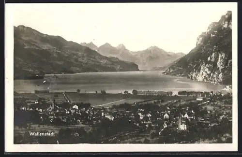 AK Wallenstadt, Totalansicht mit See- und Bergpanorama
