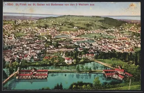 AK St. Fiden bei St. Gallen, Stadtblick mit Bodensee von den 3 Weihern aus gesehen