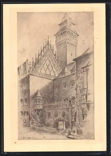 Künstler-AK Zeitz, Rathaus mit dem Spätgotischen Giebel von 1550, Fest-Postkarte anlässlisch der 980-Jahrfeier