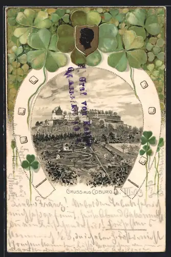 Passepartout-Lithographie Coburg, Veste Coburg, Kleeblätter und Wappen