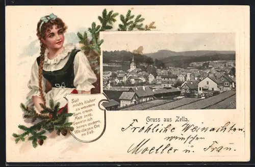 Passepartout-Lithographie Zella / St. Blasii, junge Frau in Tracht mit langem Zopf, Blick auf den Ort