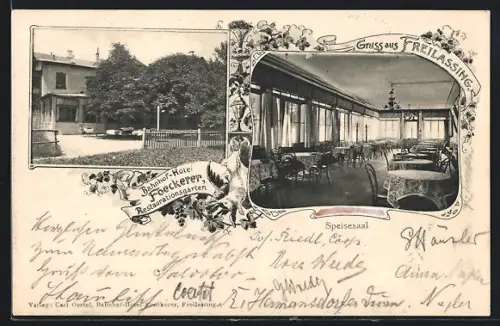 AK Freilassing, Bahnhof-Hotel Foeckerer mit Speisesaal