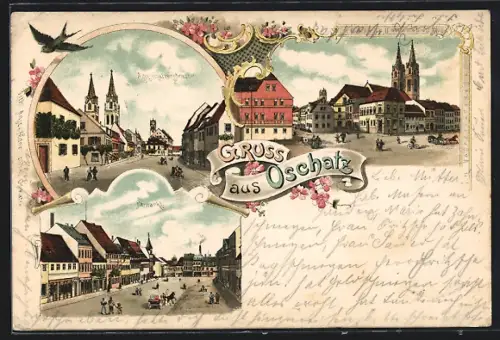 Lithographie Oschatz, Altmarkt, Strassenpartie