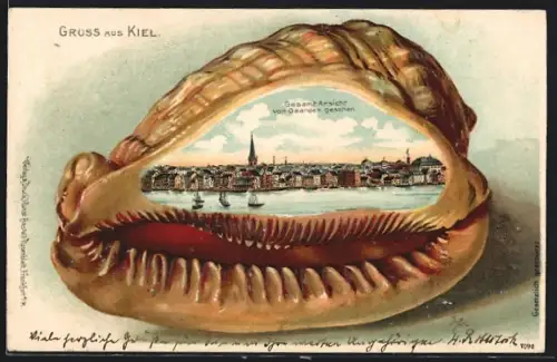 Passepartout-Lithographie Kiel, Gesamtansicht von Gaarden gesehen, Muschel