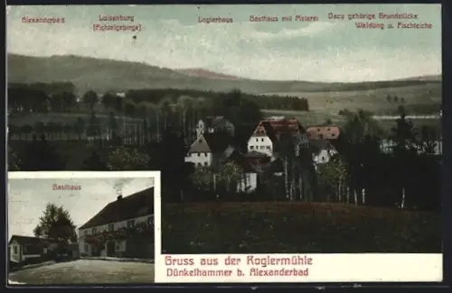 AK Dünkelhammer b. Alexanderbad, Gasthaus Roglermühle, Panorama mit Logierhaus, Gasthaus mit Meierei und Luisenburg