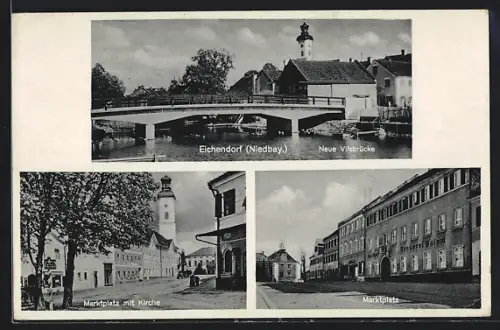 AK Eichendorf / Ndb., Marktplatz mit Brauerei Baierl und Kirche, Neue Vilsbrücke