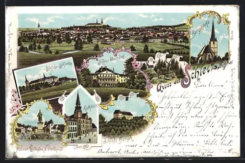 Lithographie Schleiz, Schloss, Kaiser Wilhelm I. Denkmal, Ortsansicht