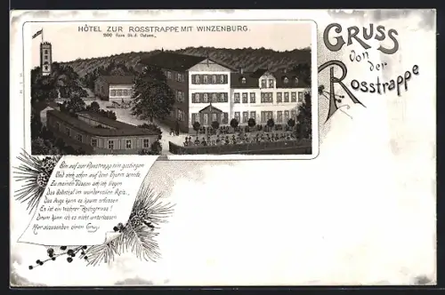 Lithographie Thale, Blick auf das Hotel Rosstrappe mit Winzenburg