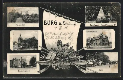 AK Burg / Fehmarn, Bergstrasse, Burgstaaken Denkmal, Markt, neues Rathaus
