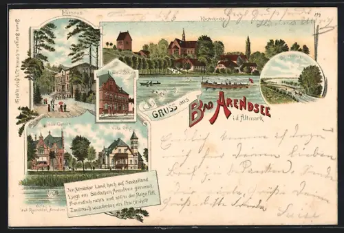 Lithographie Bad Arendsee, Klosterkirche, Kurhaus, Villa Reip, Villa Censen, Landw. Schule