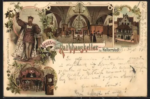Lithographie Halberstadt, Gasthaus Rathauskeller, Rathaus