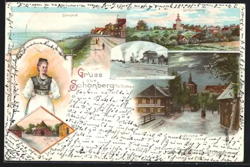 Lithographie Schönberg / Holstein, Hôtel Stadt Kiel und Kirche, Bahnhof, Strand