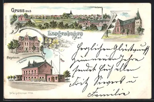 Lithographie Langenhagen i. Han., Bahnhof, Postgeböude, Kirche