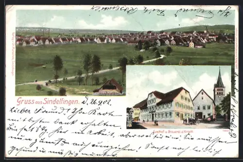 AK Sindelfingen, Gasthof und Brauerei zum Hirsch, Ortsansicht