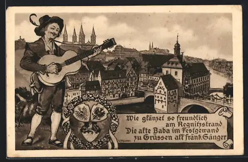 Künstler-AK Bamberg, XII. Fränkisches Sängerbundesfest 1914, Musikant mit Gitarre
