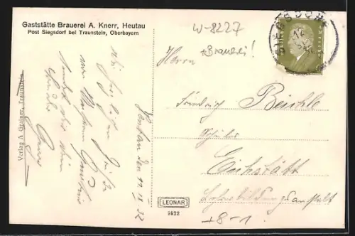 AK Heutau, Gaststätte Brauerei A. Knerr, Ansicht von der Strasse aus