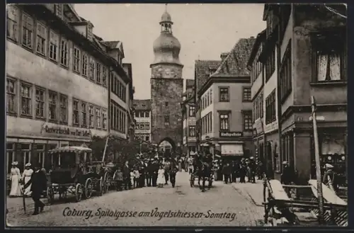 AK Coburg, Spitalgasse am Vogelschiessen-Sonntag, Gasthaus von Carl Leffer, Volksfest, Schützenfest