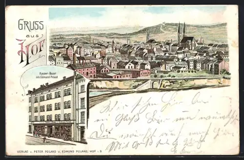 Lithographie Hof / Bayern, Kaiser-Bazar, Ortsansicht