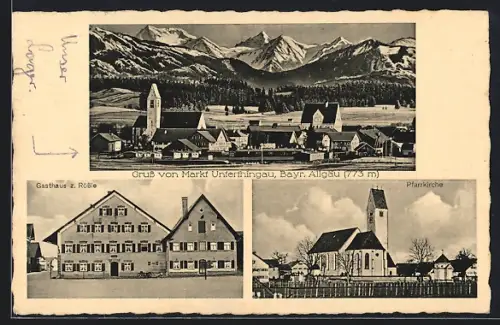 AK Markt Unterthingau, Gasthaus zum Rössle, Pfarrkiche, Blick nach dem Ort mit Alpenpanorama