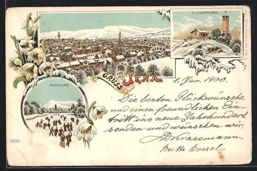 Winter-Lithographie Jena, Fuchsturm, Paradies mit Schlittschuhläufern, Blick nach der Stadt