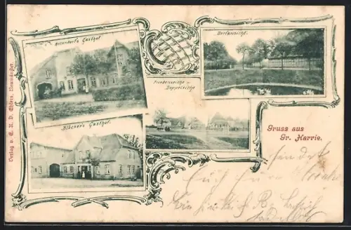 AK Gr. Harrie, Dorfansicht mit Blöcker`s und Hellendorf`s Gasthof