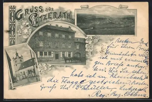 AK Lutzerath, Hotel Maas, Kirche, Blick auf das Uessbachthal