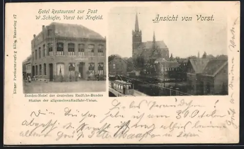 AK Vorst, Hotel Restaurant zur Post, Kirche mit Strassenbahn