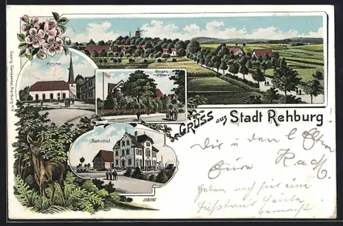 Lithographie Rehburg, Bahnhof, Kirche