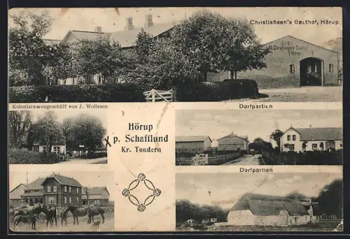 AK Hörup p. Schafflund /Krs. Tondern, Christiansen`s Gasthof, Kolonialwarengeschäft von J. Wollesen, Dorfpartien