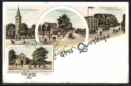 Lithographie Quickborn / Holstein, Gasthaus Schützenhof, Schmid`s Gasthof, Gastwirtschaft zum Bilsener Wohld.