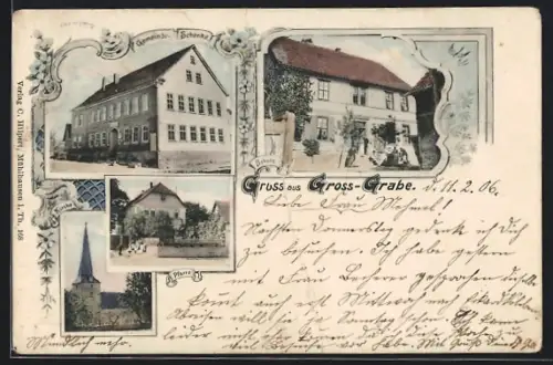 AK Grossgrabe / Thüringen, Gasthaus Gemeinde-Schenke, Kirche, Schule