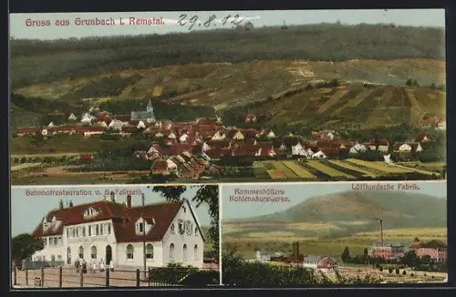 AK Grunbach / Remstal, Bahnhofrestauration v. G. Felimeth, Rommenhöllers Kohlensäurewerke