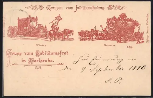 Lithographie Karlsruhe, Jubiläumsfest 1896, Winter- und Sommerwagen