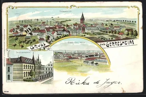 Lithographie Gerresheim, Ortsansicht mit Kirche, Ferdinandsheim und Glashütten-Werk
