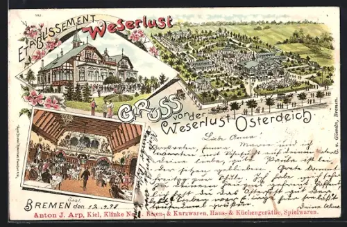 Lithographie Bremen, Gasthaus Weserlust Osterdeich mit Umgebung, Gebäudeansicht, Innenansicht