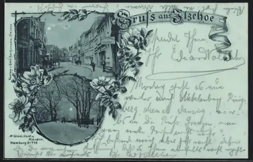 Mondschein-Lithographie Itzehoe, Strassenpartie mit Geschäften, Ortspartie im Winter