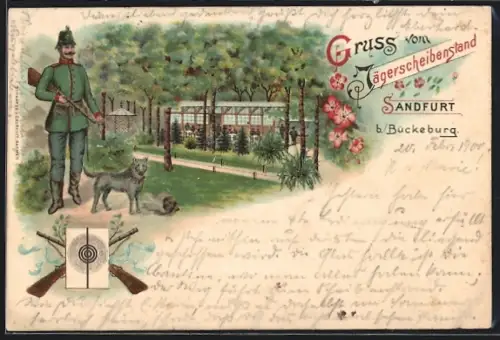 Lithographie Bückeburg, Jägerscheibenstand Sandfurt, Schütze mit Diensthund