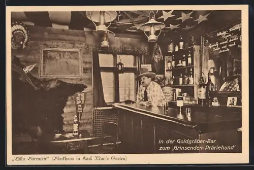 AK Radebeul bei Dresden, Hotel Villa Bärenfett in Karl Mays Garten, Gasthaus Goldgräber-Bar zum Grinsenden Präriehund