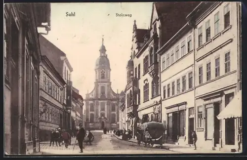 AK Suhl, Strasse Steinweg mit Kirche