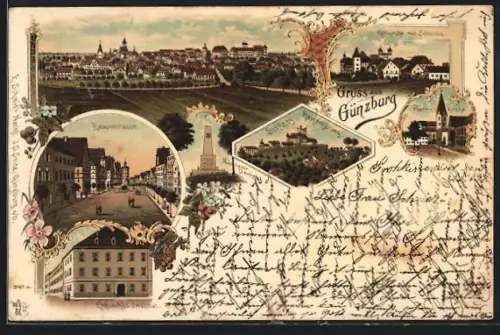 Lithographie Günzburg, Hofkirche mit Schloss, Pfarrkirche, Hauptstrasse, Engl. Institut