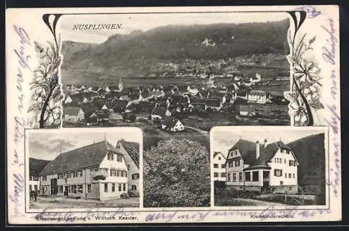 AK Nusplingen / Hohenzollern, Eisenwarenhandlung v. Wilhelm Kessler, Kleinkinderschule, Ortsansicht