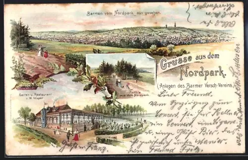 Lithographie Barmen, Gasthof-Restaurant W. Vesper mit Garten, Partie aus dem Nordpark, Teilansicht