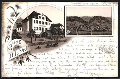 Lithographie Uhlstädt, Gasthaus, Teilansicht